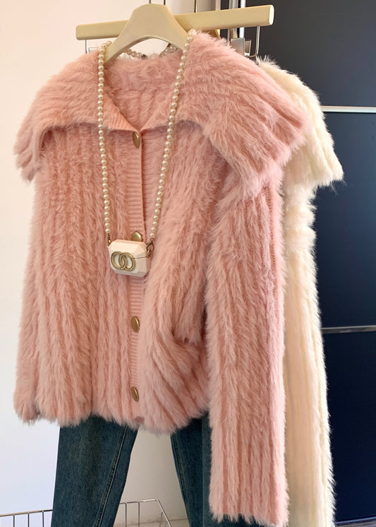Pink Peter Pan Collar Button Mink Velve Sweater Tops Spring Ta015