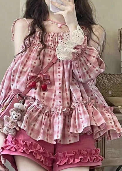 Pink Ruffled Print Patchwork Top and Shorts Two Pieces Set Summer Uu1006