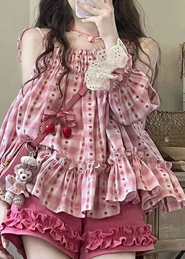 Pink Ruffled Print Patchwork Top and Shorts Two Pieces Set Summer Uu1006