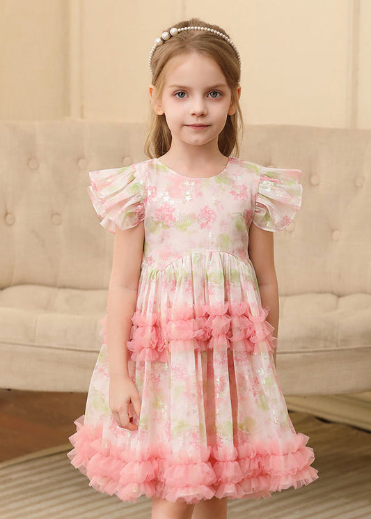 Pink Ruffled Print Patchwork Tulle Long Dress Short Sleeve Ew019