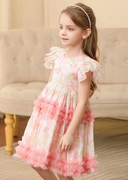 Pink Ruffled Print Patchwork Tulle Long Dress Short Sleeve Ew019