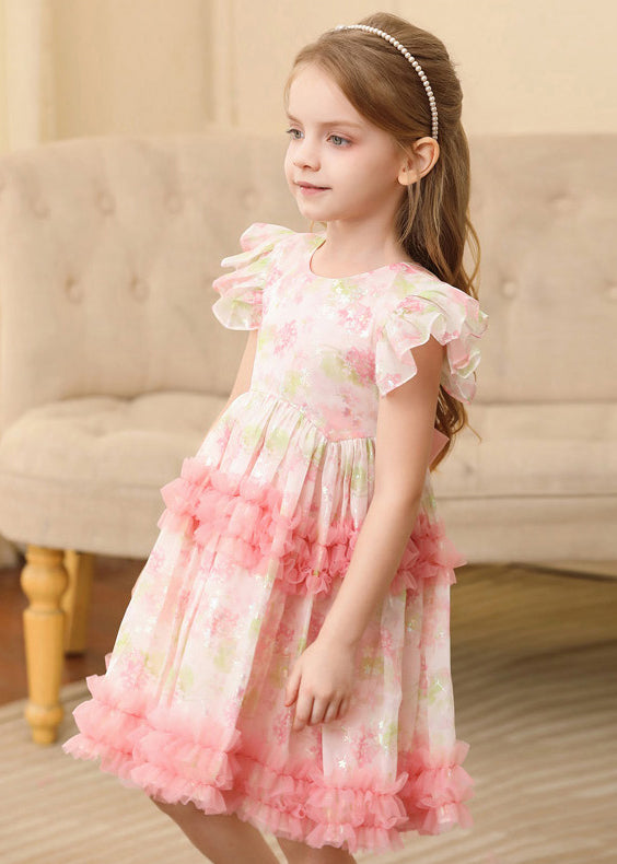Pink Ruffled Print Patchwork Tulle Long Dress Short Sleeve Ew019