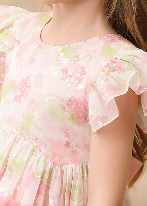 Pink Ruffled Print Patchwork Tulle Long Dress Short Sleeve Ew019