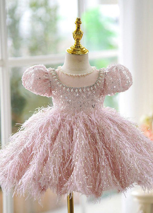 Pink Sequins Pearl Patchwork Tulle Kids Long Dress Short Sleeve Yg002