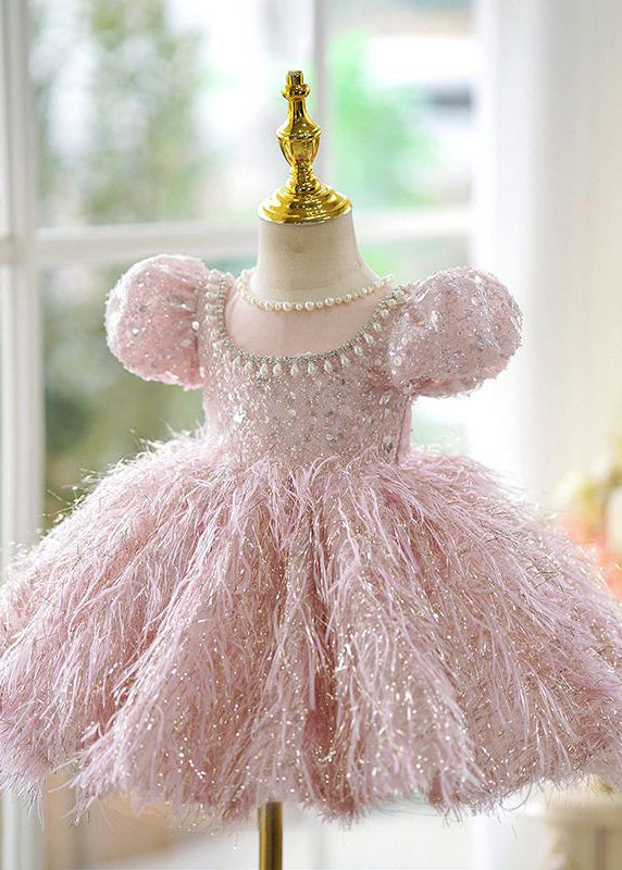 Pink Sequins Pearl Patchwork Tulle Kids Long Dress Short Sleeve Yg002