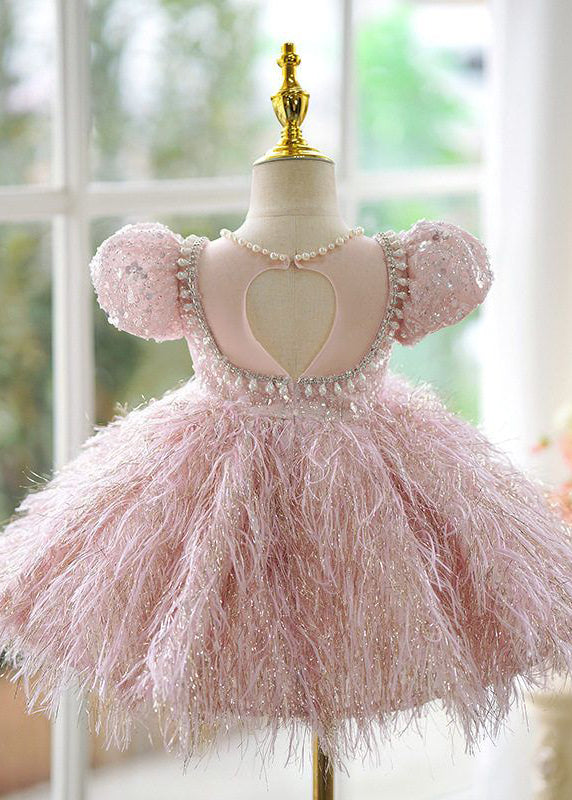 Pink Sequins Pearl Patchwork Tulle Kids Long Dress Short Sleeve Yg002
