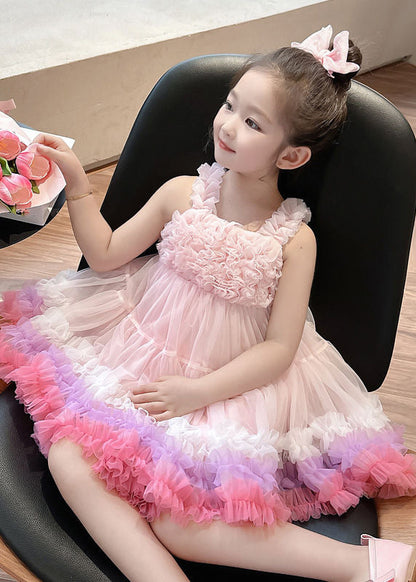 Pink Slash Neck Patchwork Tulle Kids Long Dress Summer Ew002