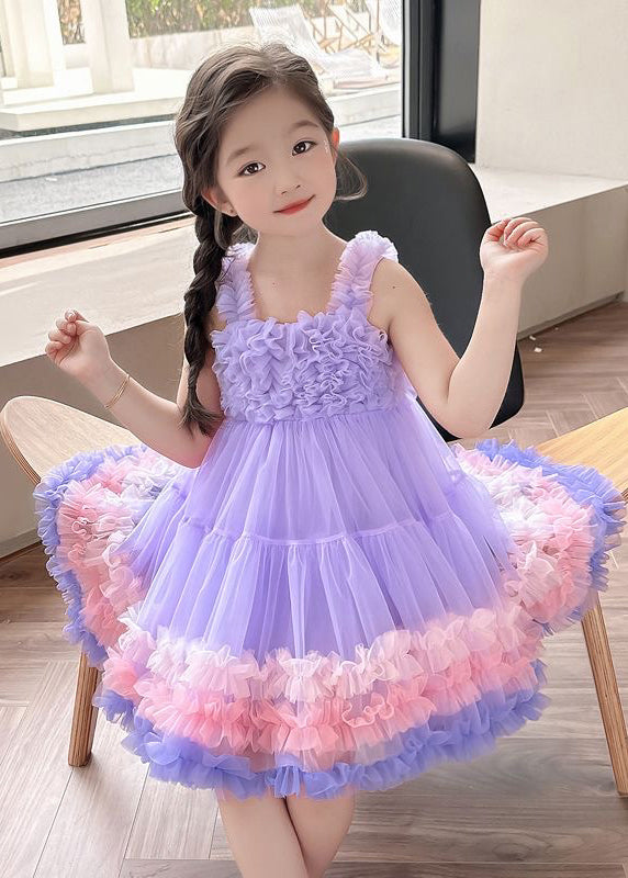 Pink Slash Neck Patchwork Tulle Kids Long Dress Summer Ew002