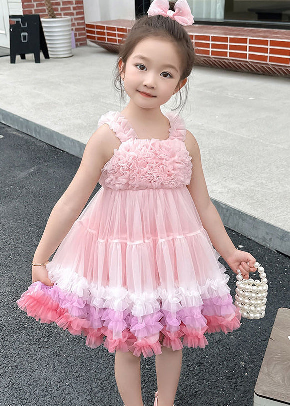 Pink Slash Neck Patchwork Tulle Kids Long Dress Summer Ew002