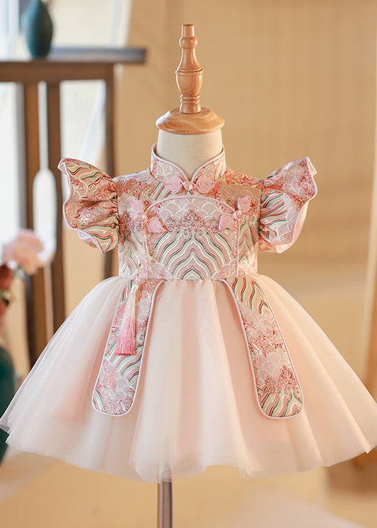 Pink Stand Collar Button Tulle Patchwork Kids Maxi Dresses Short Sleeve Yg012