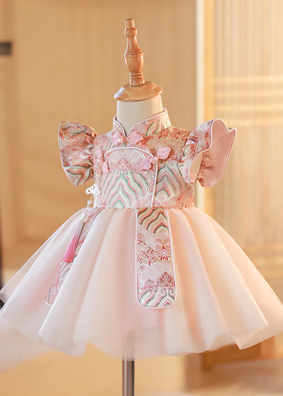Pink Stand Collar Button Tulle Patchwork Kids Maxi Dresses Short Sleeve Yg012