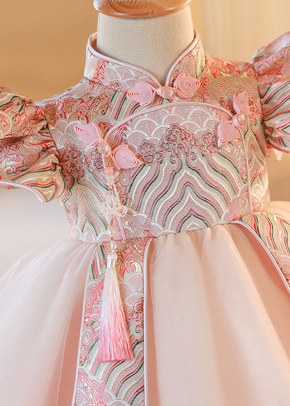 Pink Stand Collar Button Tulle Patchwork Kids Maxi Dresses Short Sleeve Yg012