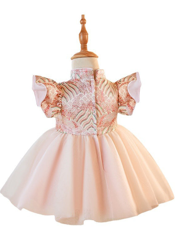 Pink Stand Collar Button Tulle Patchwork Kids Maxi Dresses Short Sleeve Yg012