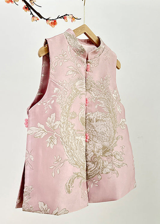 Pink Stand Collar Embroidered Nail Bead Side Open Waistcoat Fall Ag1037