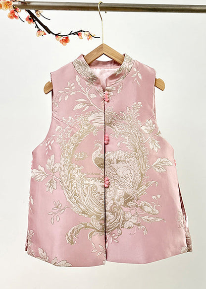 Pink Stand Collar Embroidered Nail Bead Side Open Waistcoat Fall Ag1037