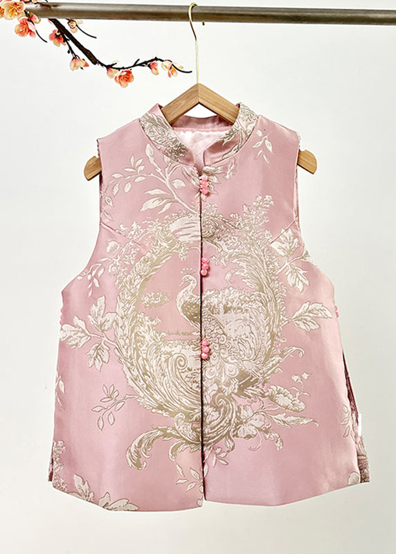 Pink Stand Collar Embroidered Nail Bead Side Open Waistcoat Fall Ag1037