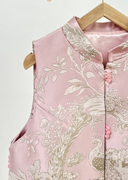 Pink Stand Collar Embroidered Nail Bead Side Open Waistcoat Fall Ag1037