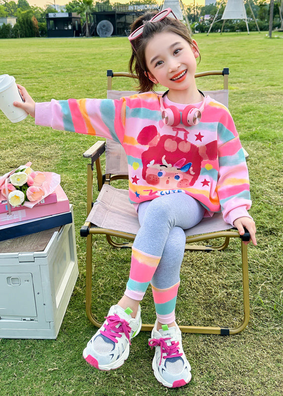 Pink Striped Print Top and Pants Two Pieces Set Spring Tr031