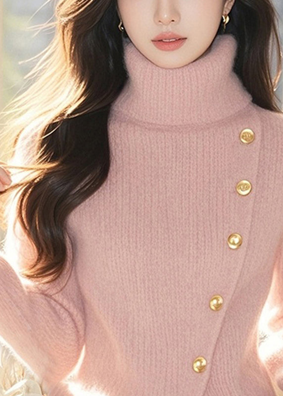 Pink Turtleneck Cotton Knit Sweater Tops Spring To026