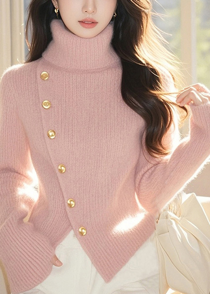 Pink Turtleneck Cotton Knit Sweater Tops Spring To026