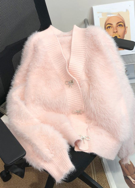 Pink V Neck Button Mink Hair Knitted Cardigan Winter Rp005