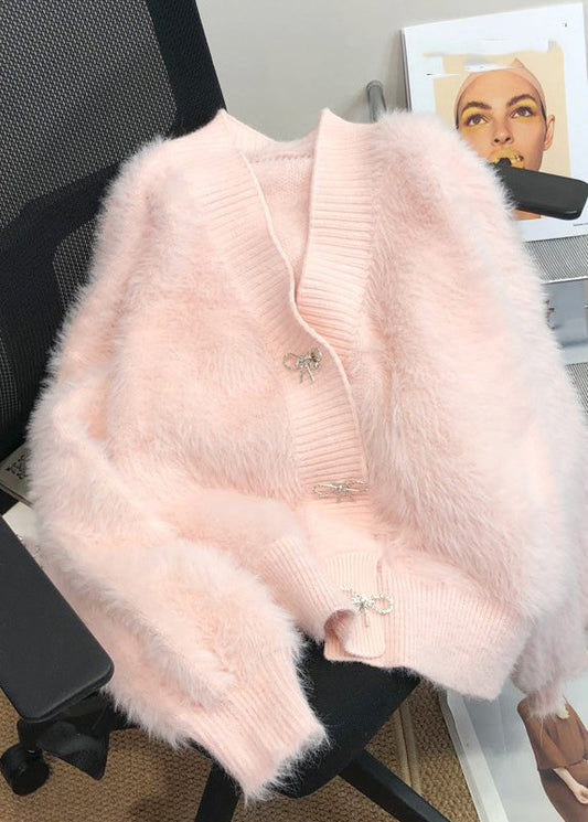 Pink V Neck Button Mink Hair Knitted Cardigan Winter Rp005