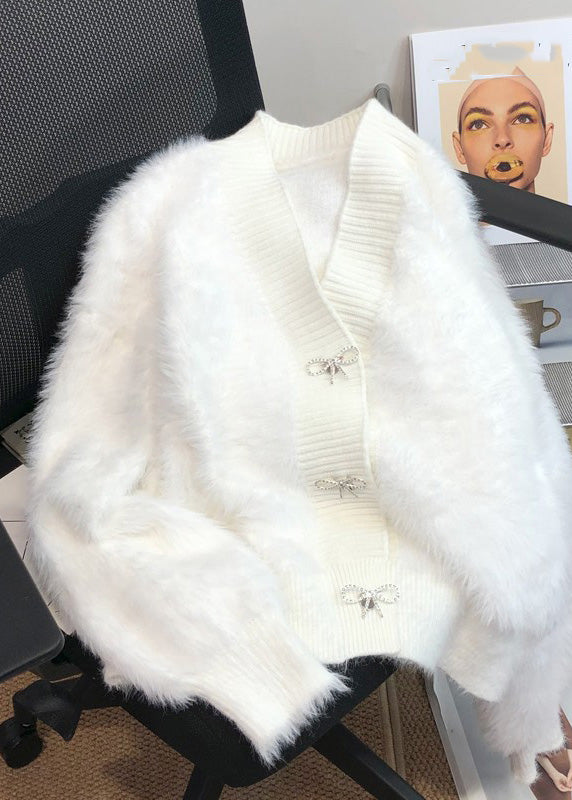 Pink V Neck Button Mink Hair Knitted Cardigan Winter Rp005