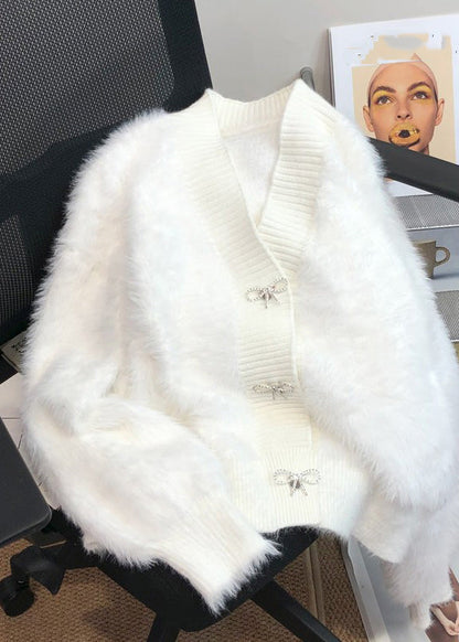 Pink V Neck Button Mink Hair Knitted Cardigan Winter Rp005