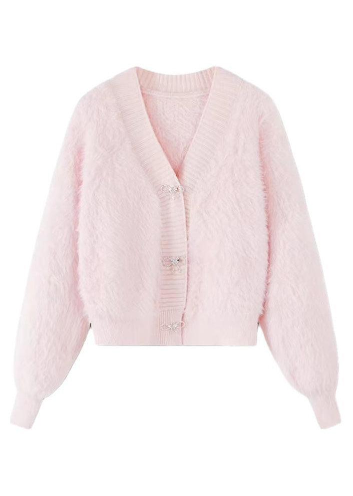 Pink V Neck Button Mink Hair Knitted Cardigan Winter Rp005
