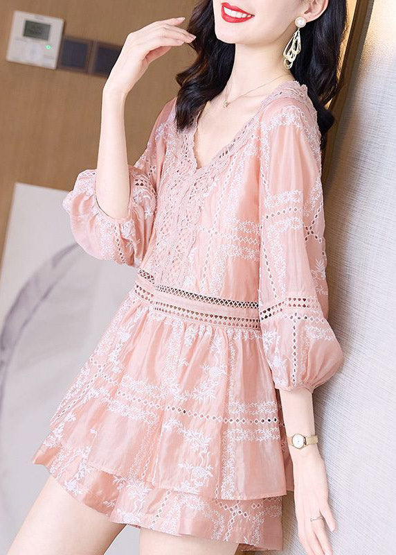 Pink V Neck Lace Patchwork Chiffon Shirts and Shorts Two Piece Set Summer Ti1061