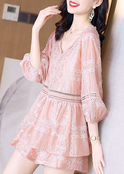 Pink V Neck Lace Patchwork Chiffon Shirts and Shorts Two Piece Set Summer Ti1061