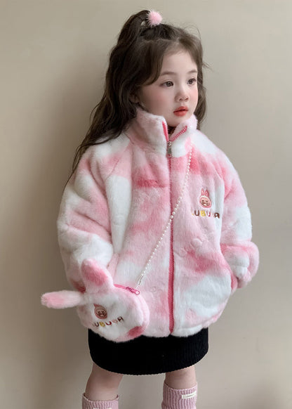 Purple Stand Collar Embroideried Zippered Kids Mink Velvet Coats Wintertg028