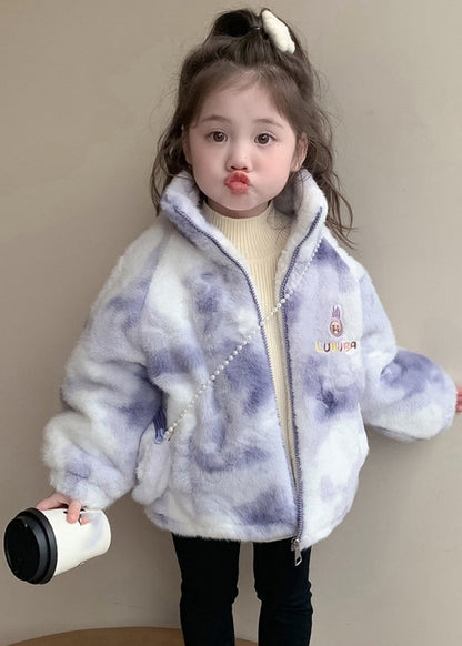 Purple Stand Collar Embroideried Zippered Kids Mink Velvet Coats Wintertg028