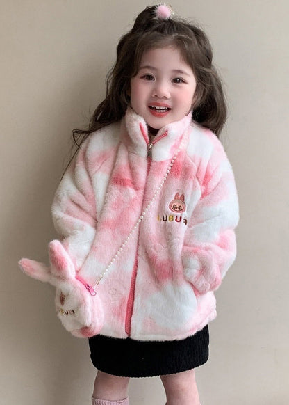Purple Stand Collar Embroideried Zippered Kids Mink Velvet Coats Wintertg028
