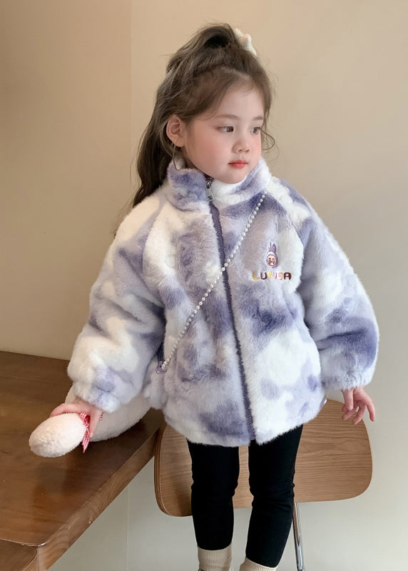 Purple Stand Collar Embroideried Zippered Kids Mink Velvet Coats Wintertg028