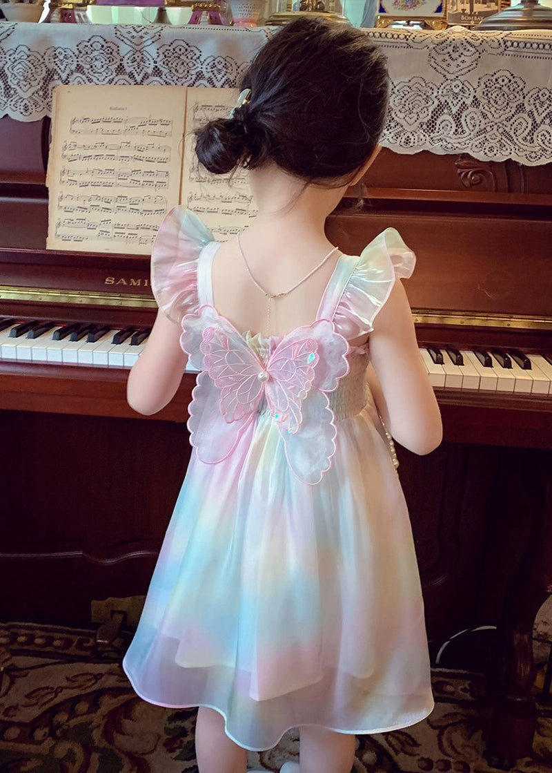 Rainbow Wrinkled Bow Pearl Tulle Maxi Dresses Sleeveless Xz034