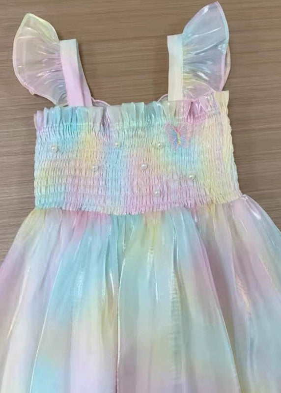 Rainbow Wrinkled Bow Pearl Tulle Maxi Dresses Sleeveless Xz034