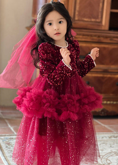 Red O-neck Sequins Patchwork Nail Bead Tulle Maxi Dresses Fall Rp028