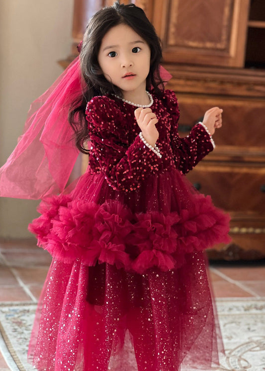 Red O-neck Sequins Patchwork Nail Bead Tulle Maxi Dresses Fall Rp028