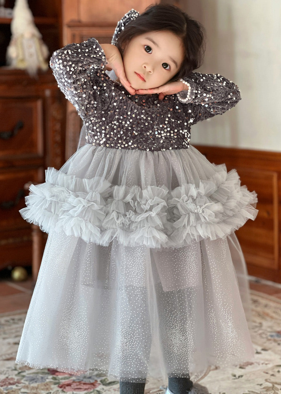 Red O-neck Sequins Patchwork Nail Bead Tulle Maxi Dresses Fall Rp028