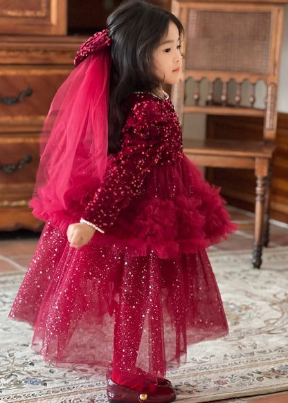 Red O-neck Sequins Patchwork Nail Bead Tulle Maxi Dresses Fall Rp028