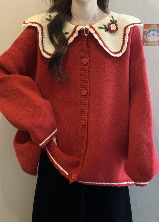 Red Peter Pan Collar Embroidered Knit Loose Cardigans Winter Rg024