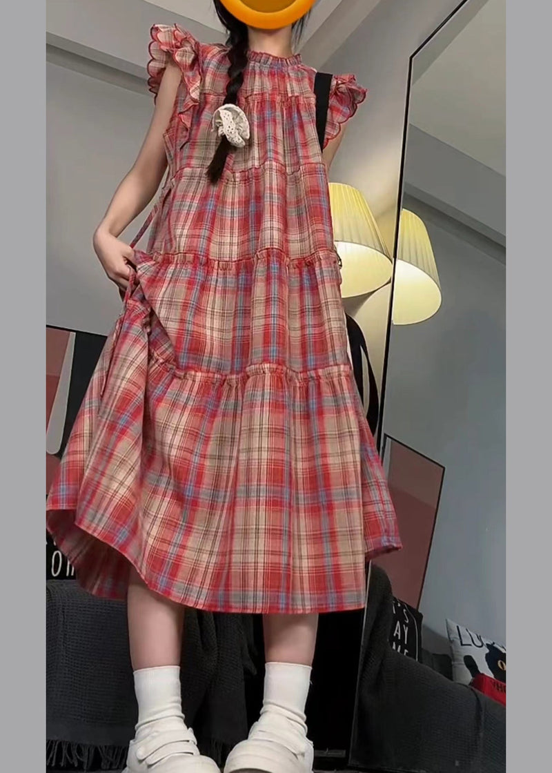 Red Ruffled Patchwork Long Dress Short Sleeve Uu1022
