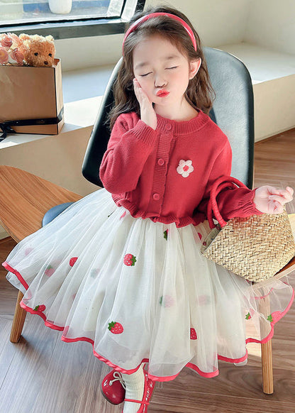 Red Ruffled Tulle Patchwork Knit Long Dress Fall Xz050