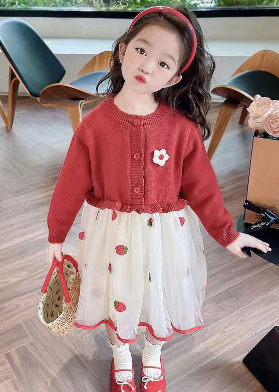 Red Ruffled Tulle Patchwork Knit Long Dress Fall Xz050