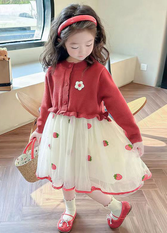 Red Ruffled Tulle Patchwork Knit Long Dress Fall Xz050