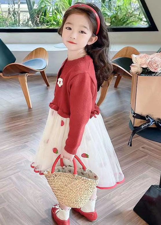 Red Ruffled Tulle Patchwork Knit Long Dress Fall Xz050