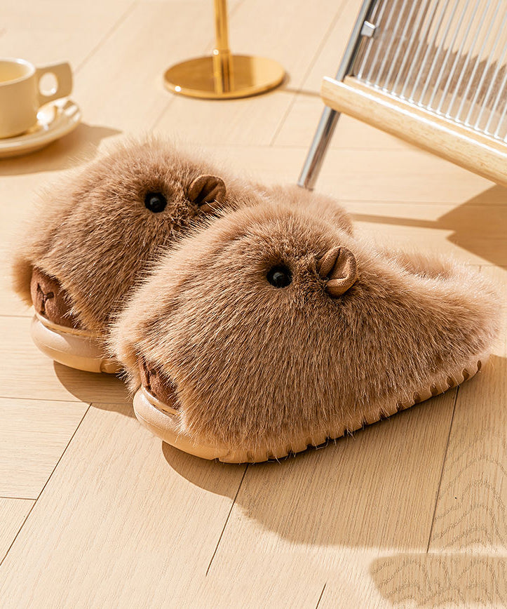 Stylish Comfy Fuzzy Fur Slippers Shoes Brown Tq065
