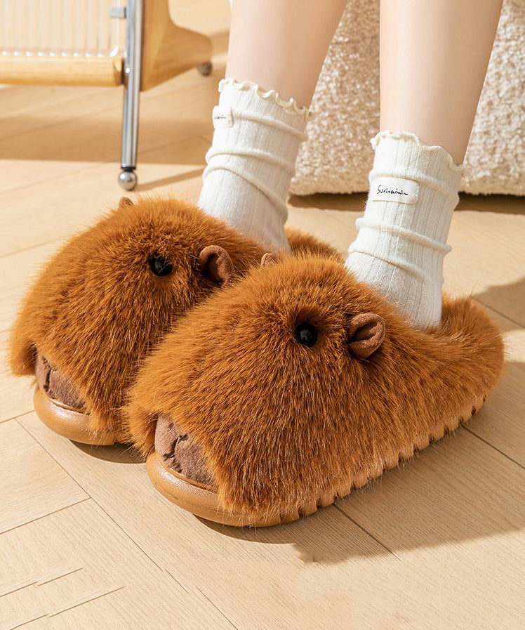 Stylish Comfy Fuzzy Fur Slippers Shoes Brown Tq065
