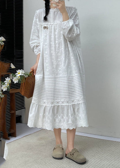 White Embroidered Ruffled Patchwork Wrinkled Cotton Maxi Dress Long Slee Bv030